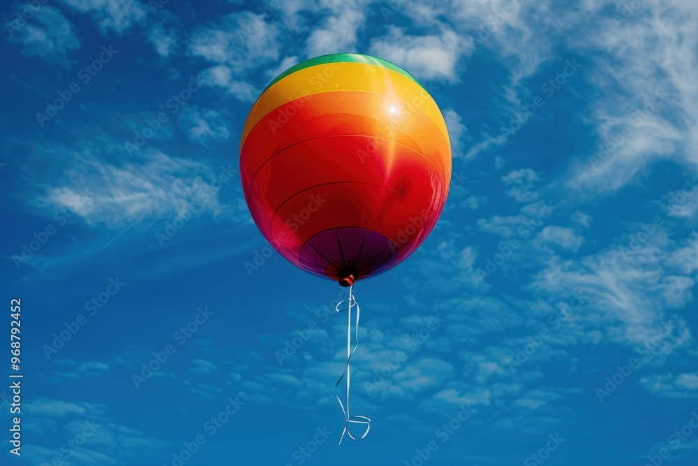 Obraz premium A single, vibrant rainbow balloon floats against a clear blue sky, a symbol of joy and hope.