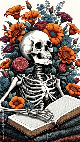 A Skeleton Reading A Book In A Floral Arrangement