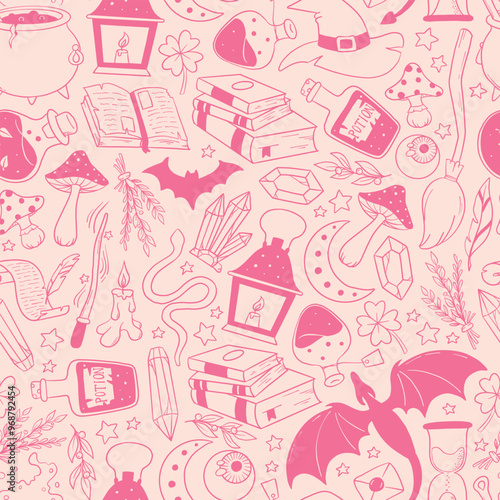 Halloween pink seamless pattern with doodles for wallpaper, wrapping paper, scrapbooking, backgrounds, textile prints, stationary, etc. EPS 10