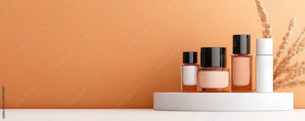 Elegant collection of cosmetic bottles on a stylish display against a warm orange backdrop Elegant collection of cosmetic bottles on a stylish display against a warm orange backdrop