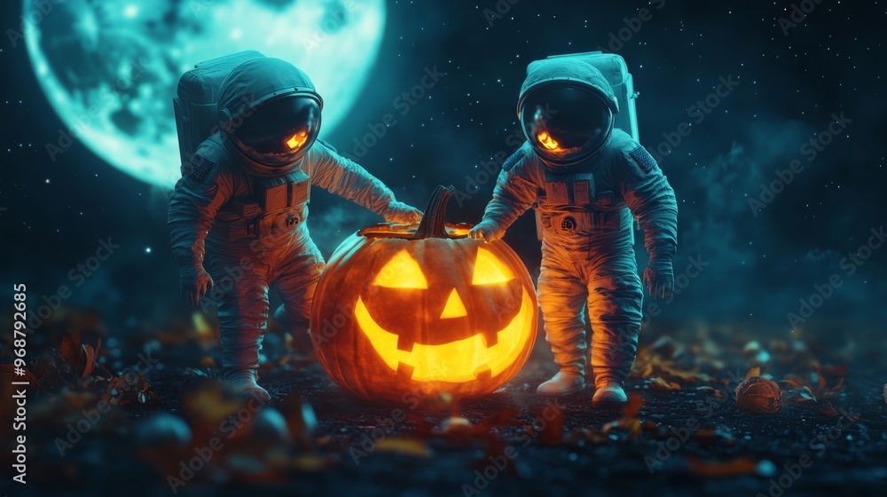 Two Astronauts Standing Near a Lighted Jack-o'-Lantern Two Astronauts Standing Near a Lighted Jack-o'-Lantern