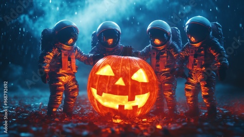 Astronauts Celebrating Halloween with a Jack-o'-Lantern