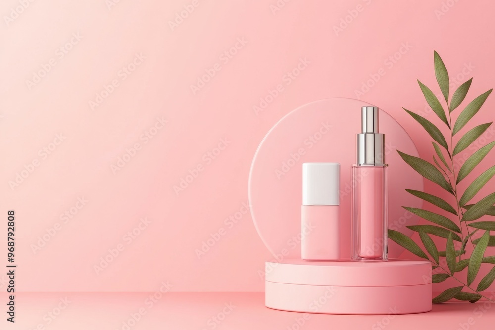 Elegant display of pink cosmetic products on a soft pastel background Elegant display of pink cosmetic products on a soft pastel background