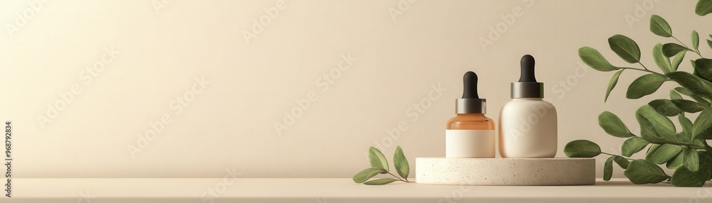 Elegant display of essential oil bottles with natural greenery on a styled shelf Elegant display of essential oil bottles with natural greenery on a styled shelf