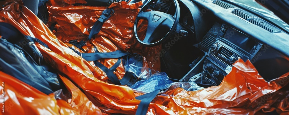 Interior of a car with black plastic-covered seats and a red seatbelt, showing a unique approach to car maintenance or protection Interior of a car with black plastic-covered seats and a red seatbelt, showing a unique approach to car maintenance or protection