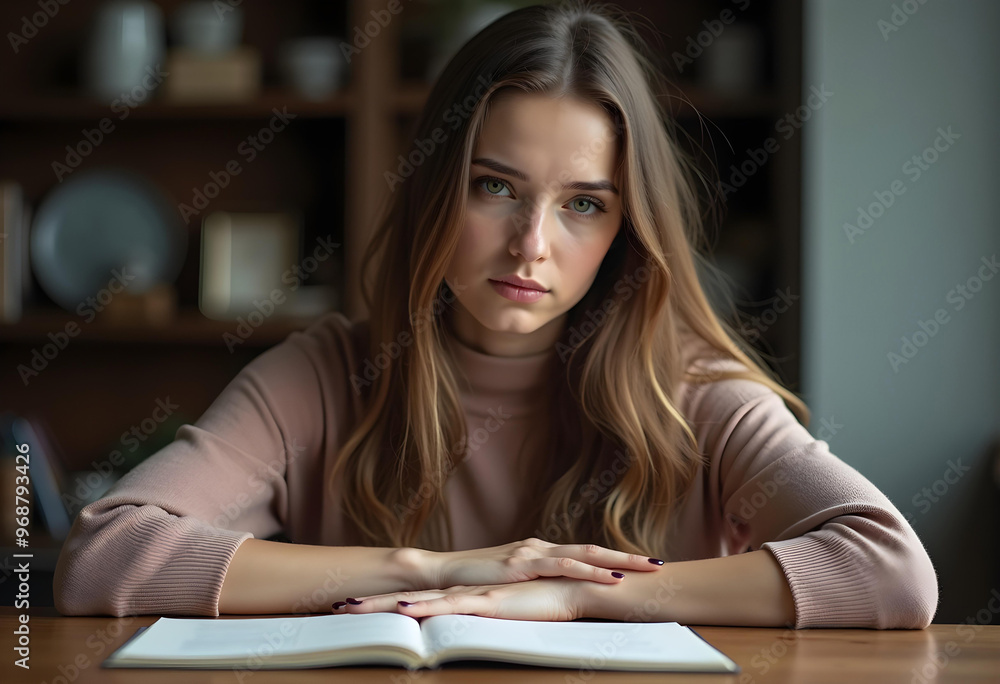 A beautiful woman sitting at a wooden table with their hands resting on an open book in the library A beautiful woman sitting at a wooden table with their hands resting on an open book in the library