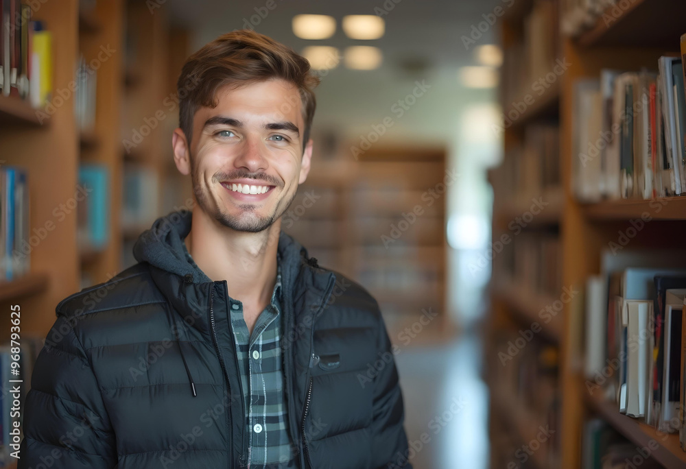 Fototapeta premium A man stands in front of a bookshelf in a library wearing a dark-colored shirt and smiling