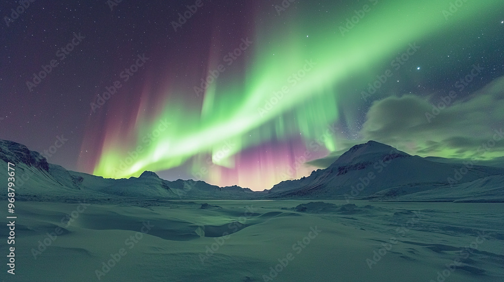 Aurora borealis dancing in the sky casting green and purple rays of light illuminating a natural landscape of snow covered mountains Aurora borealis dancing in the sky casting green and purple rays of light illuminating a natural landscape of snow covered mountains