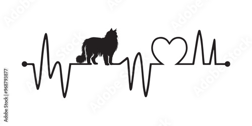 Heartbeat line with Siberian Cat silhouette, Cat and Heartbeat frequency with Heart Love vector illustration