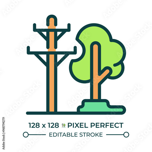 Power lines and trees RGB color icon. Electrical safety. Vegetation management. Utility pole. Urban planning. Isolated vector illustration. Simple filled line drawing. Editable stroke