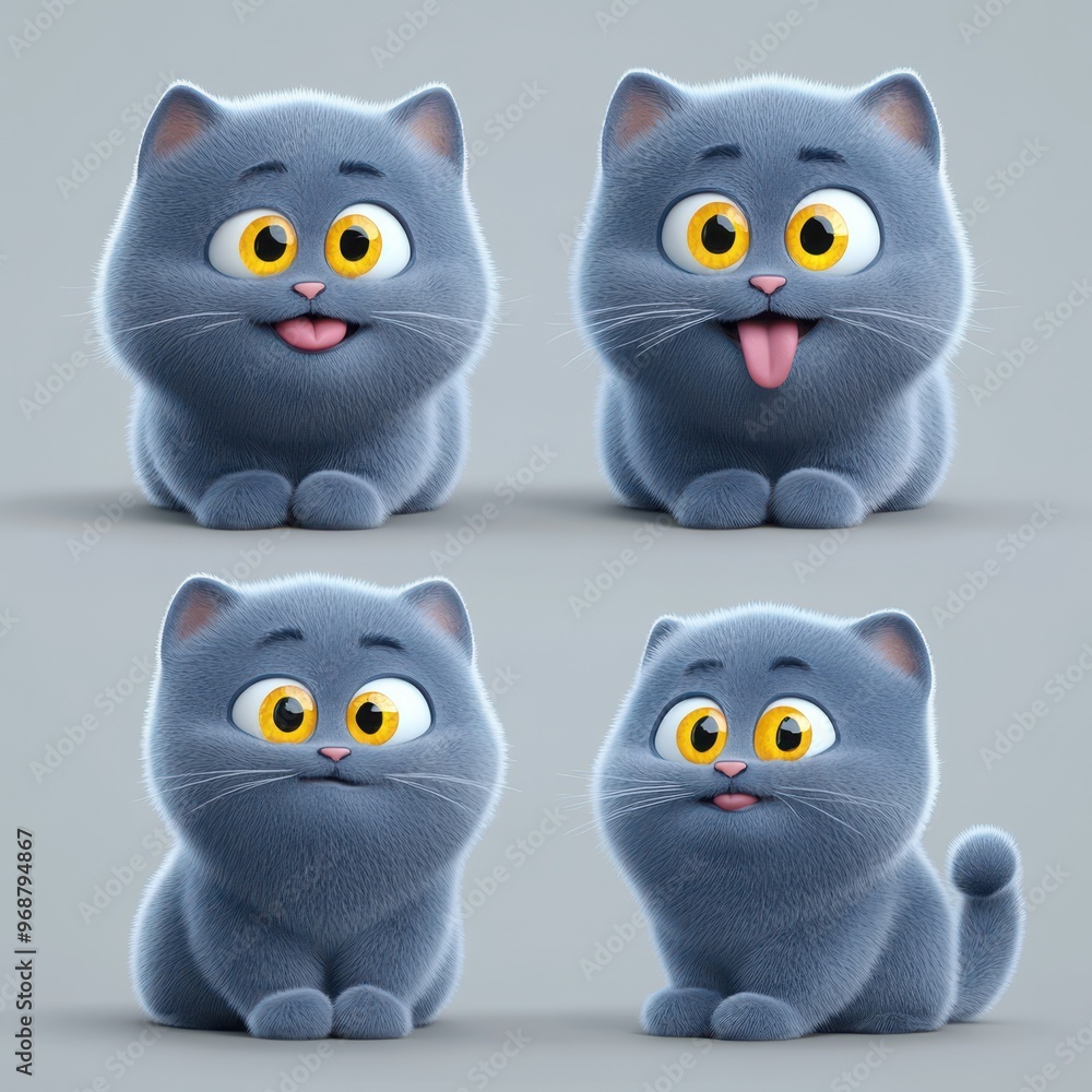 Fototapeta premium Adorable Gray Cartoon Kittens with Various Expressions in a Fun Grid Layout