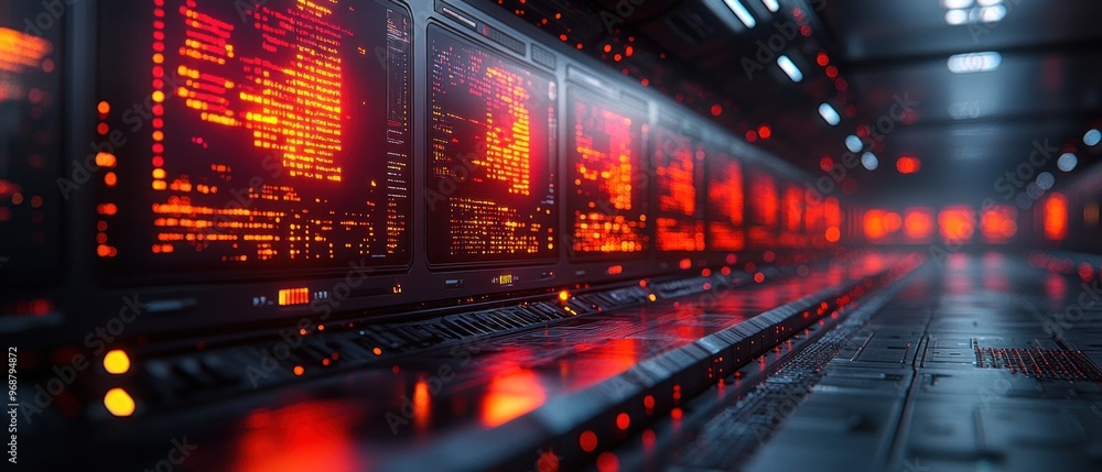 Fototapeta premium Futuristic Red-Lit Server Room Corridor