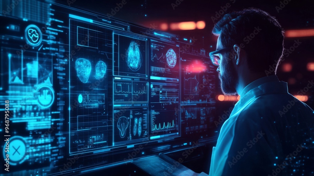 AI-powered personalized healthcare systems predicting potential health risks: A user receiving alerts about potential health issues based on AI data. AI-powered personalized healthcare systems predicting potential health risks: A user receiving alerts about potential health issues based on AI data.