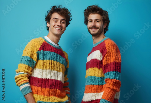 Two individuals standing against a blue background wearing colorful striped sweaters with similar patterns but in different color schemes
