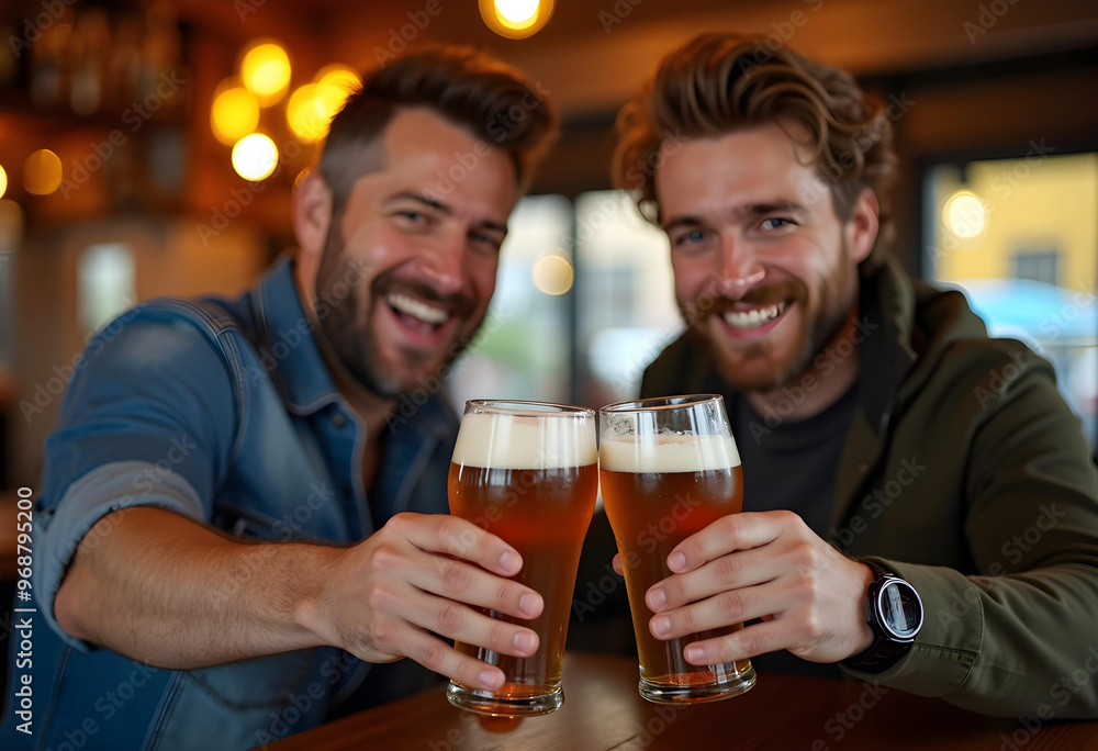 Two young men smile happily, facing the camera, raising their beer glasses and linking them together Two young men smile happily, facing the camera, raising their beer glasses and linking them together