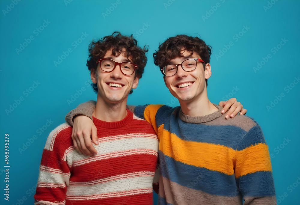Two men wearing glasses, standing with their arms around each other, smiling happily, wearing colorful striped sweaters. Two men wearing glasses, standing with their arms around each other, smiling happily, wearing colorful striped sweaters.