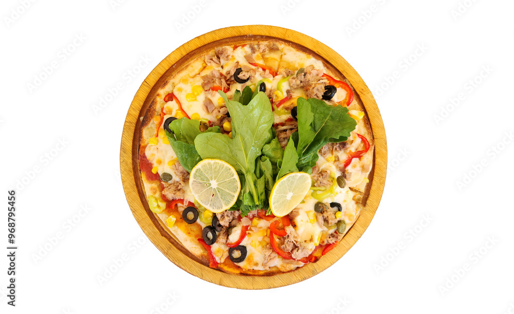 Tuna pizza prepared with tuna, cheese, corns, chopped onions, peppers and served with capers, green arugula leaves and sliced lemon Tuna pizza prepared with tuna, cheese, corns, chopped onions, peppers and served with capers, green arugula leaves and sliced lemon