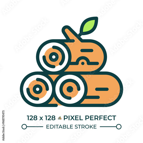 Logging RGB color icon. Tree cutting. Timber wood. Forest management. Wood harvest, processing and production. Isolated vector illustration. Simple filled line drawing. Editable stroke