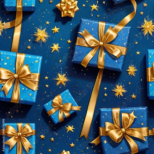 illustration of blue gifts with golden bows and ribbons placed on blue background near stars