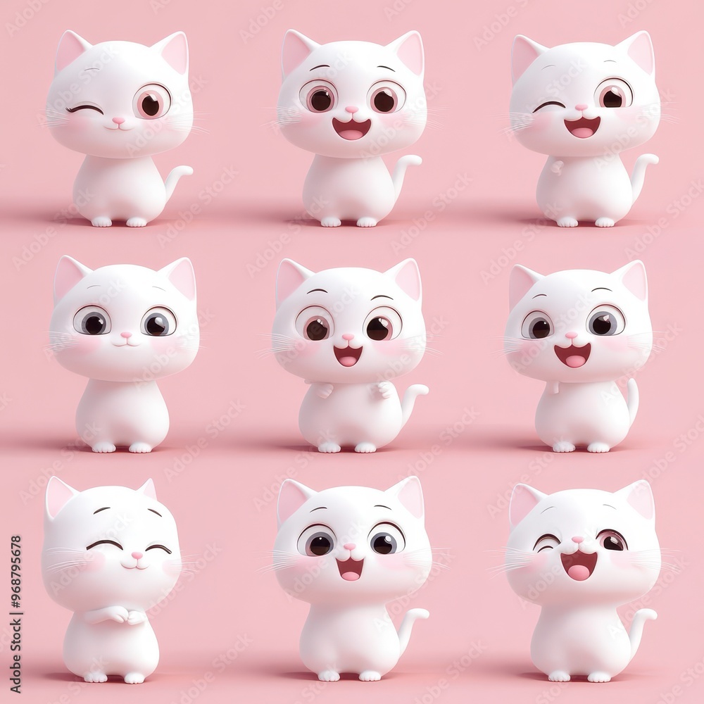 Obraz premium Charming White Cartoon Cat Expressions in a Playful Grid Layout