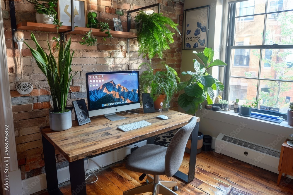 Fototapeta premium Minimalist Scandinavian desk setup with iMac, digital clock, and vibrant green plants. Neutral beige and grey tones with wooden flooring and bright natural light.