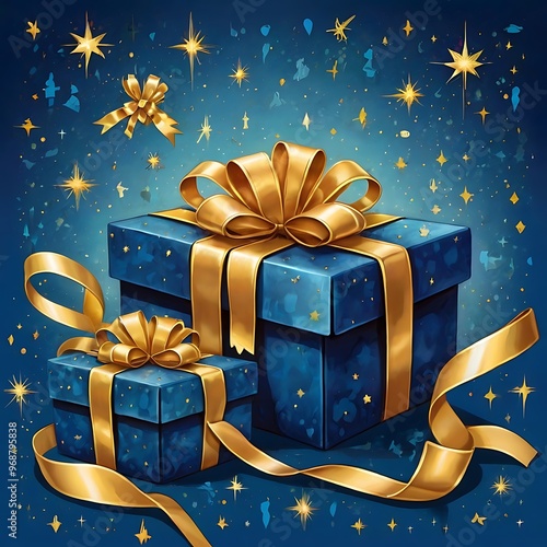 illustration of blue gifts with golden bows and ribbons placed on blue background near stars