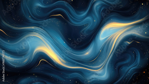 Abstract composition of vibrant blue and golden flowing lines, set against a starry night background. Created with Ai