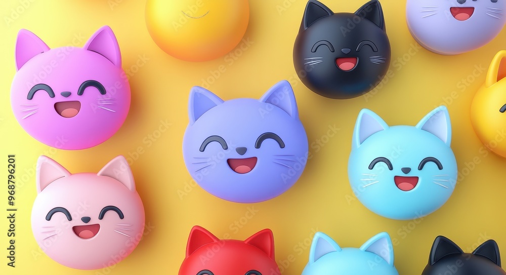 Fototapeta premium Cute and Colorful Cartoon Cat Characters with Smiling Faces on a Bright Background