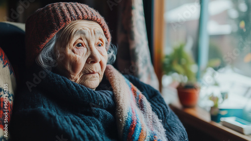 A pale, frail and elderly Asian person is unhappy and cold, dressed in warm clothes to combat freezing temperatures. Landscape format 16:9 with copy space.