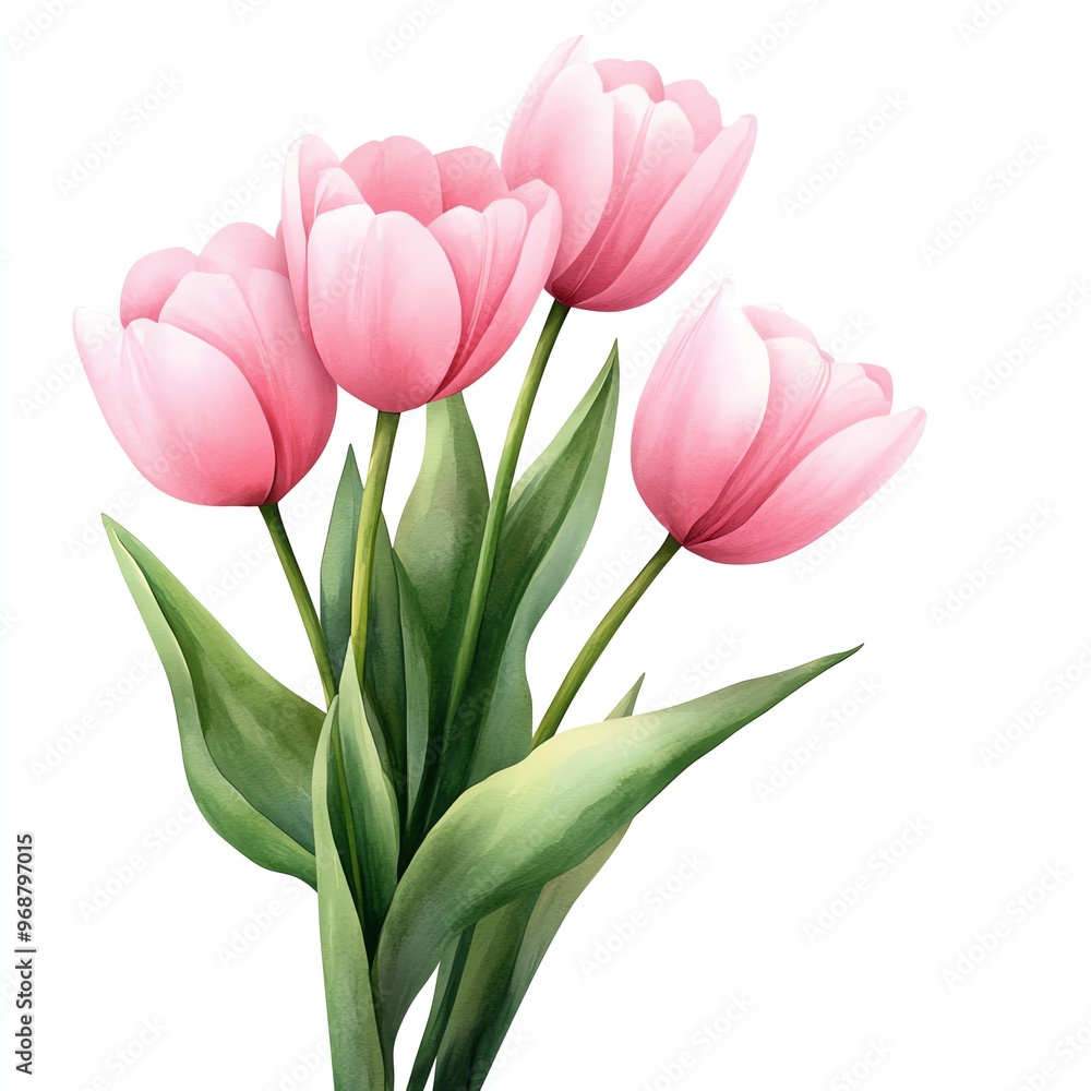 Pink tulip bouquet clipart, breast cancer awareness symbol, watercolor illustration, crisp lines, pink flowers, isolated on white background Pink tulip bouquet clipart, breast cancer awareness symbol, watercolor illustration, crisp lines, pink flowers, isolated on white background