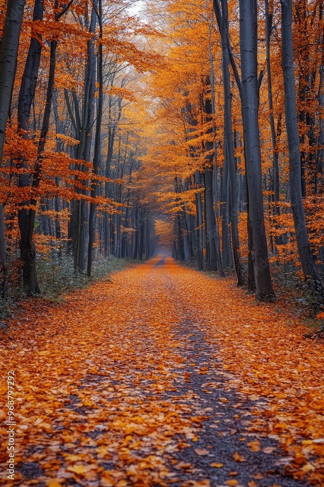 Forest path covered with fallen leaves leading through autumn trees Forest path covered with fallen leaves leading through autumn trees