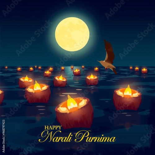 A serene illustration of Narali Purnima, featuring floating candles on water under a full moon, representing the celebration and traditions associated with this festival photo