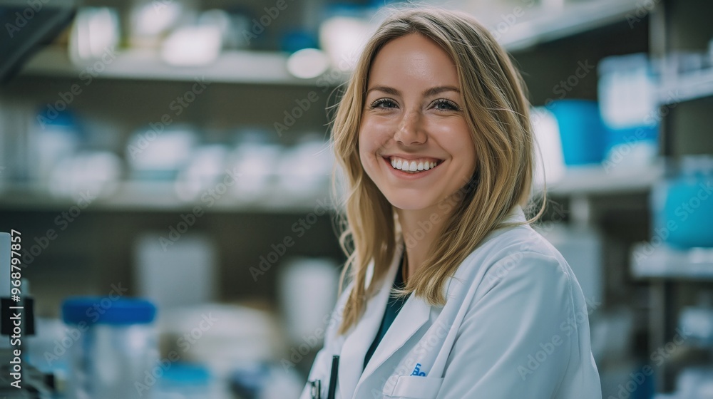 Genetic counselor smiling in a laboratory surrounded by medical equipment Genetic counselor smiling in a laboratory surrounded by medical equipment