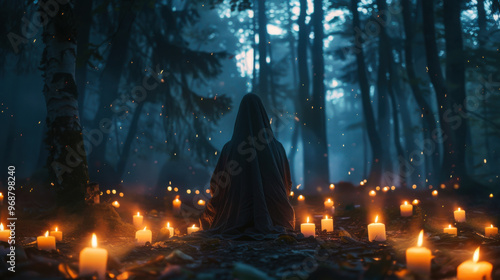 A person sits in a forest surrounded by candles at twilight, creating an atmosphere of mystery and tranquility