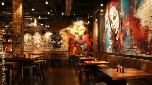 A modern, urban restaurant interior with graffiti art on the walls, exposed brick, and a mix of high-top tables and booths photo