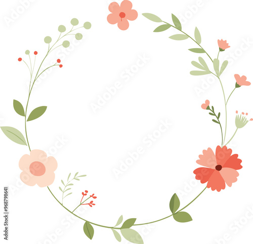 Watercolor floral wreath with tiny cute flower. Abstract round frame with flowers and leaves