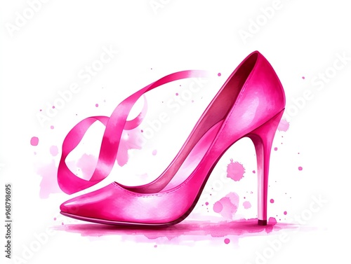 Pink high heels clipart, breast cancer awareness walk, watercolor illustration, sharp details, vibrant pink shoes, isolated on white background photo