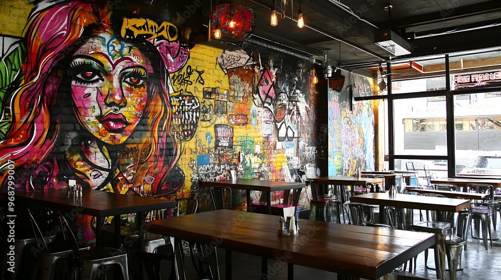 A graffiti-covered wall with a mural depicting a fusion food scene A graffiti-covered wall with a mural depicting a fusion food scene