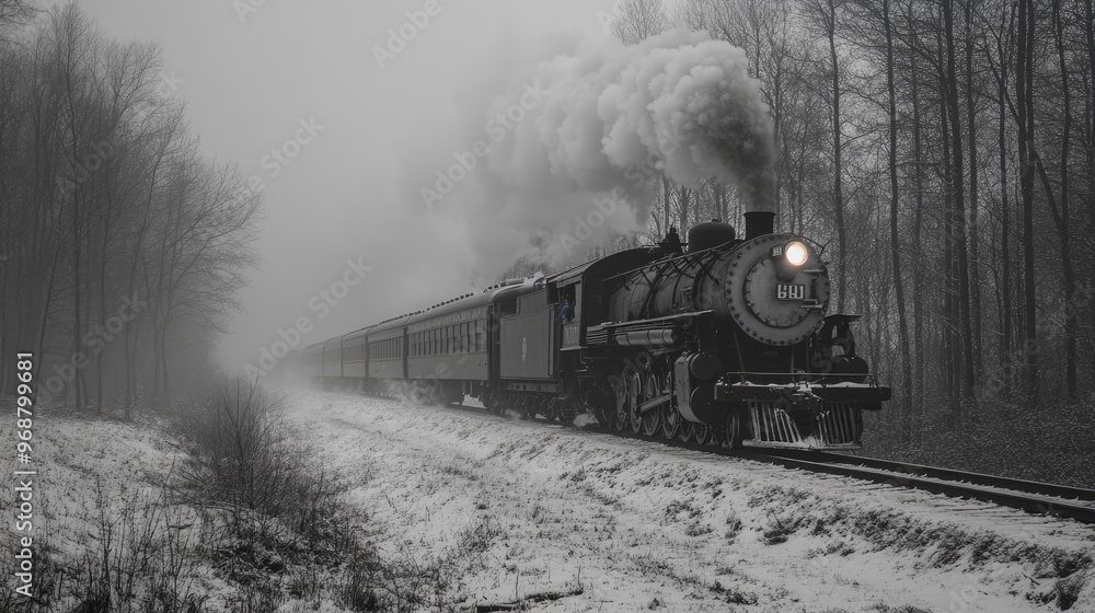 Obraz premium Powerful steam train blowing smoke traveling through forest in winter