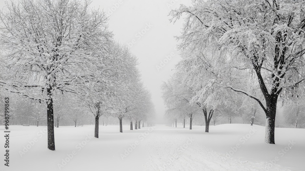 Snow covered path winding through trees covered in fresh snowfall Snow covered path winding through trees covered in fresh snowfall