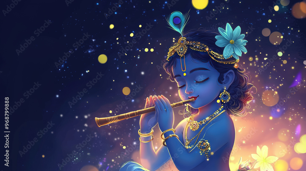 Fototapeta premium A beautiful illustration of Lord Krishna playing flute, surrounded by magical atmosphere filled with sparkling lights and flowers. serene expression evokes sense of peace and joy