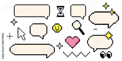 Set of pixel art cloud bubble quote box speech bubble dialog retro 8 bit arcade game interface, manga. Comic chat rectange pixel elements, arrow, star, heart.