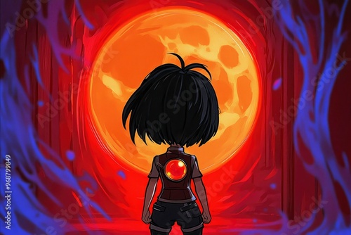 Young girl standing in front of a giant red orb, digital art