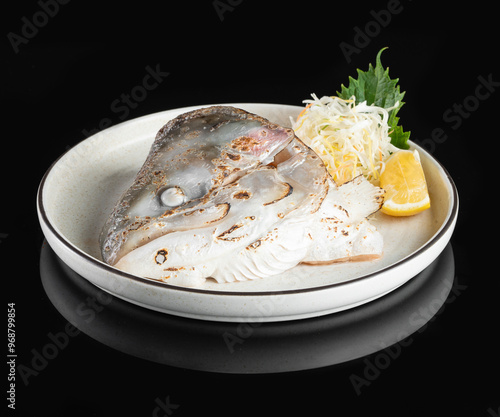 Fresh fish head beautifully plated with garnishes on a white dish, presented on a reflective black surface, ideal for seafood cuisine presentation. photo