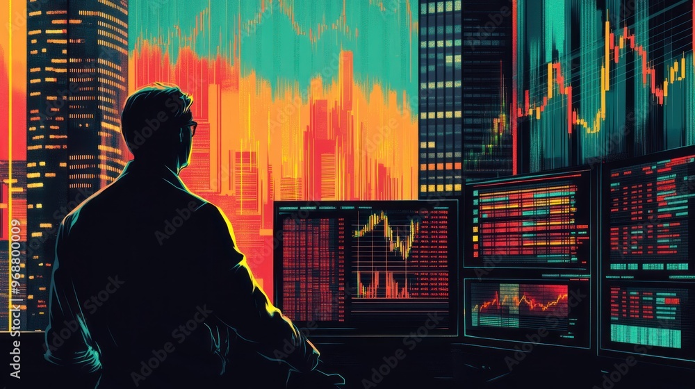A Silhouette of a Trader in a Cityscape with Stock Market Data A Silhouette of a Trader in a Cityscape with Stock Market Data