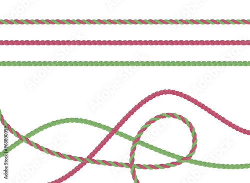 Ropes. Set of red and green 3D twisted threads. Realistic vector illustration on white background.