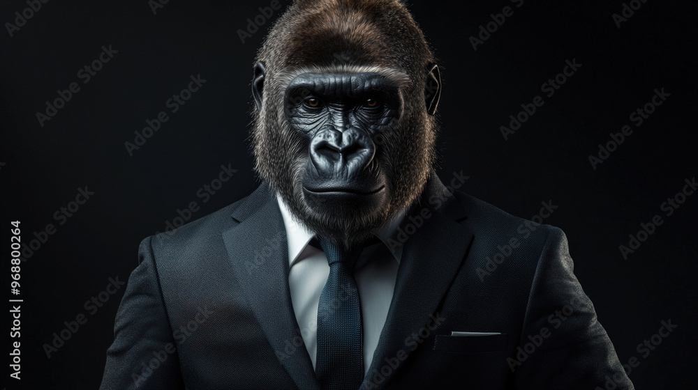Gorilla in fitted business suit exudes confidence and power, standing against dark background. This striking image blends wild with corporate world, creating unique visual impact Gorilla in fitted business suit exudes confidence and power, standing against dark background. This striking image blends wild with corporate world, creating unique visual impact