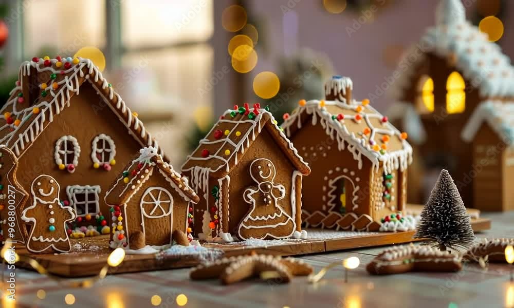 Family decorating their home for National Gingerbread Day, November 21st, making gingerbread houses, hyperrealistic . Video Family decorating their home for National Gingerbread Day, November 21st, making gingerbread houses, hyperrealistic . Video