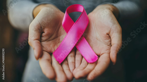 Hands holding pink ribbon gently symbolize breast cancer awareness and support. This image conveys hope and compassion in fight against cancer