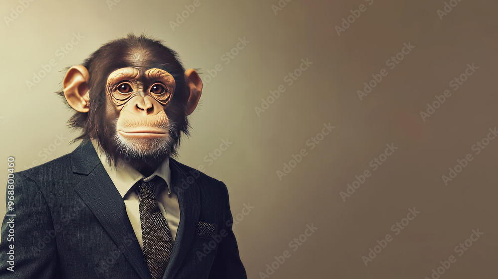 A monkey in business suit stands confidently against minimal background, showcasing unique blend of professionalism and playfulness. This intriguing image captures attention with its striking contrast A monkey in business suit stands confidently against minimal background, showcasing unique blend of professionalism and playfulness. This intriguing image captures attention with its striking contrast